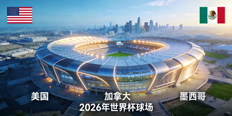 2026年世界杯球场鸟瞰图，展示美国、加拿大、墨西哥的现代化体育场